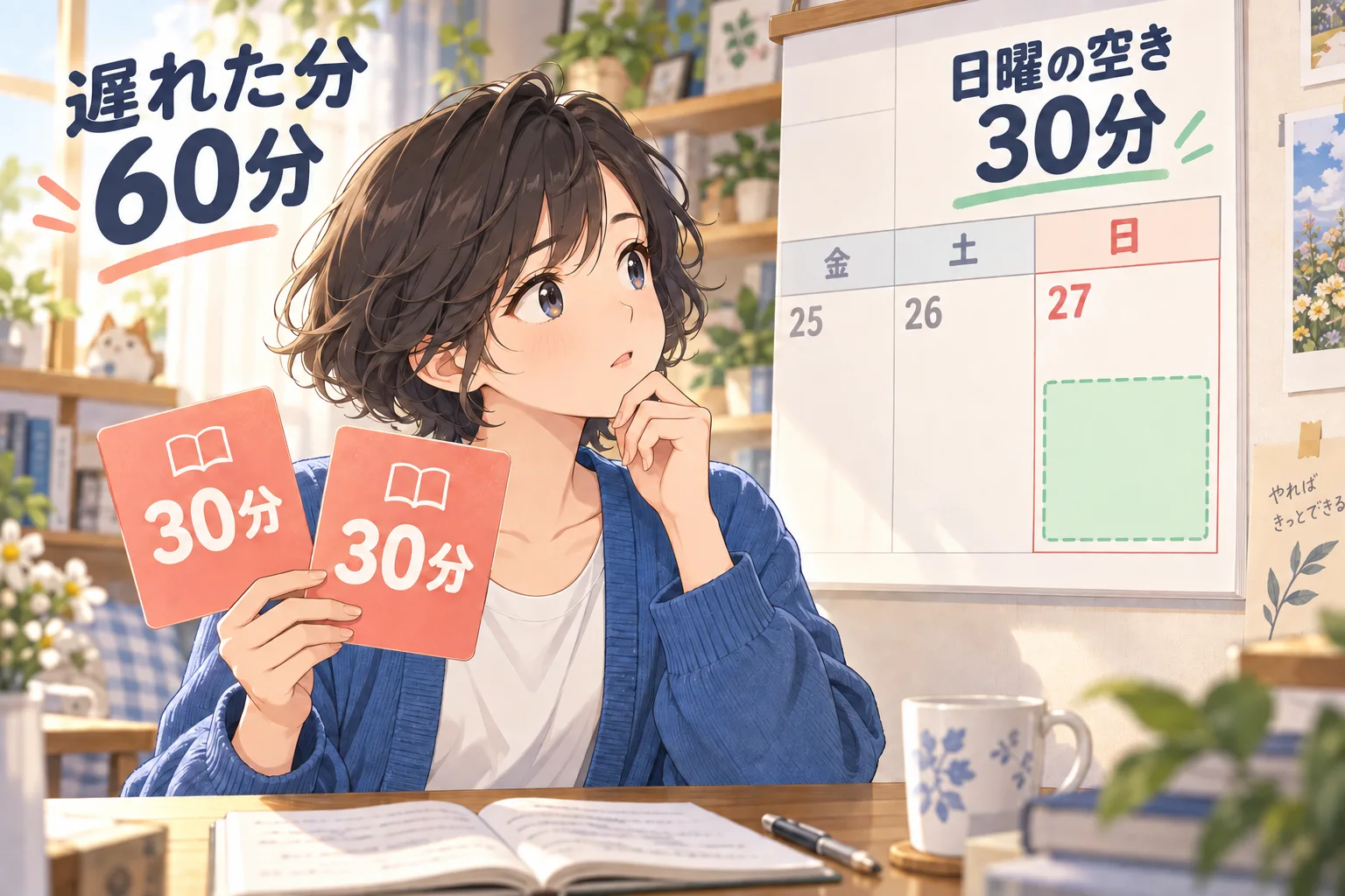 未完了の30分の課題二つと、日曜に空いている30分を比べる学習者。60分の遅れは日曜だけでは埋まらない