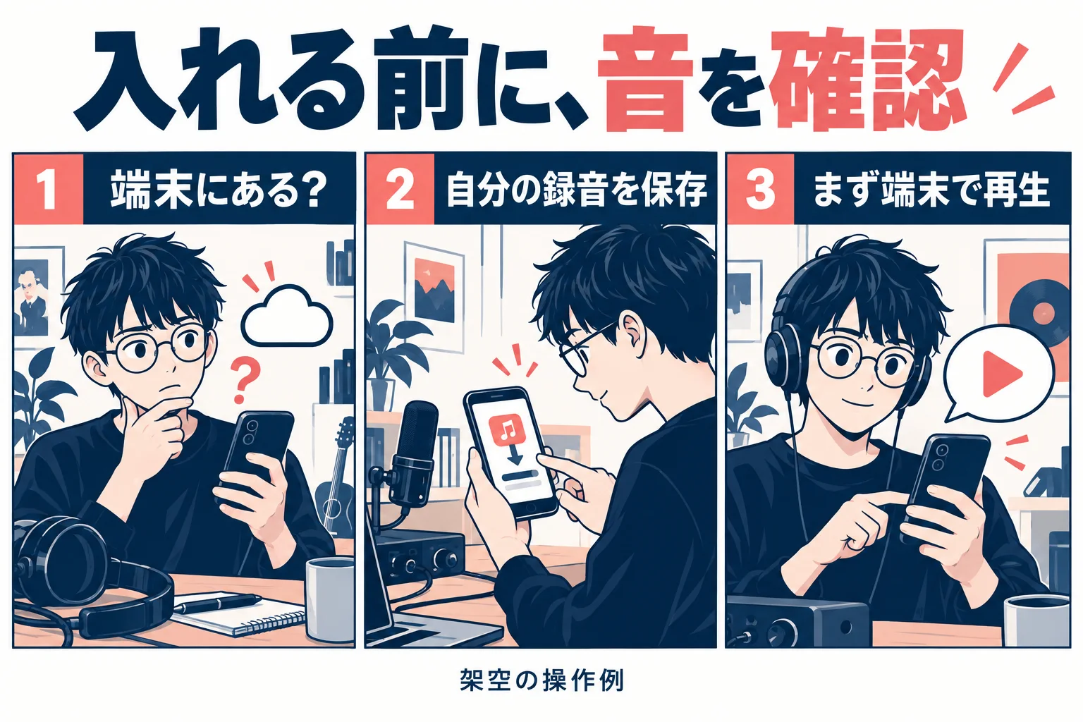 端末への保存と再生確認を示す漫画