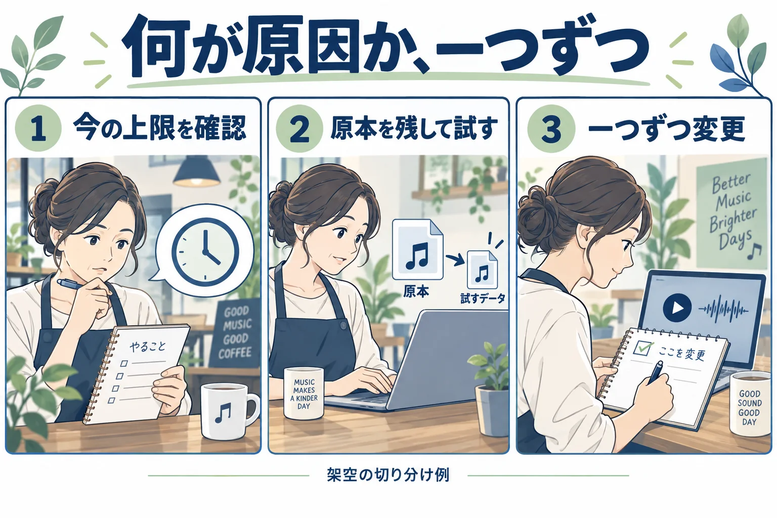 条件を一つずつ変えて比較する漫画