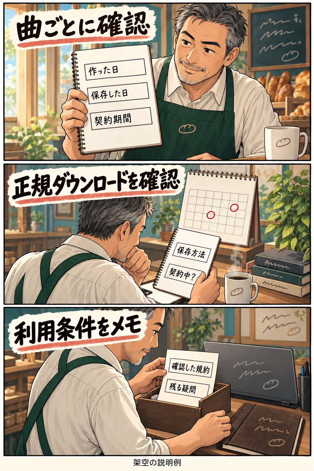 曲を選び、作成日と保存方法を確認して利用条件を控える架空の店主の漫画