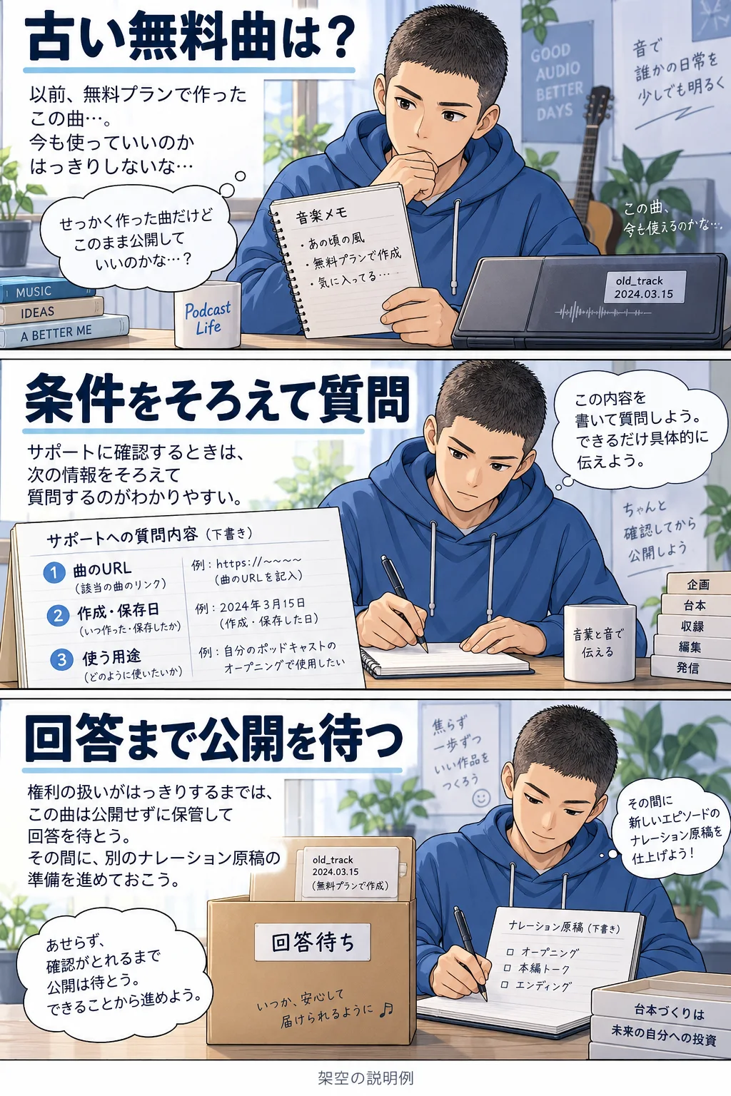 古い無料曲の情報をまとめ、問い合わせ後も回答待ちとして保留する架空の配信者の漫画