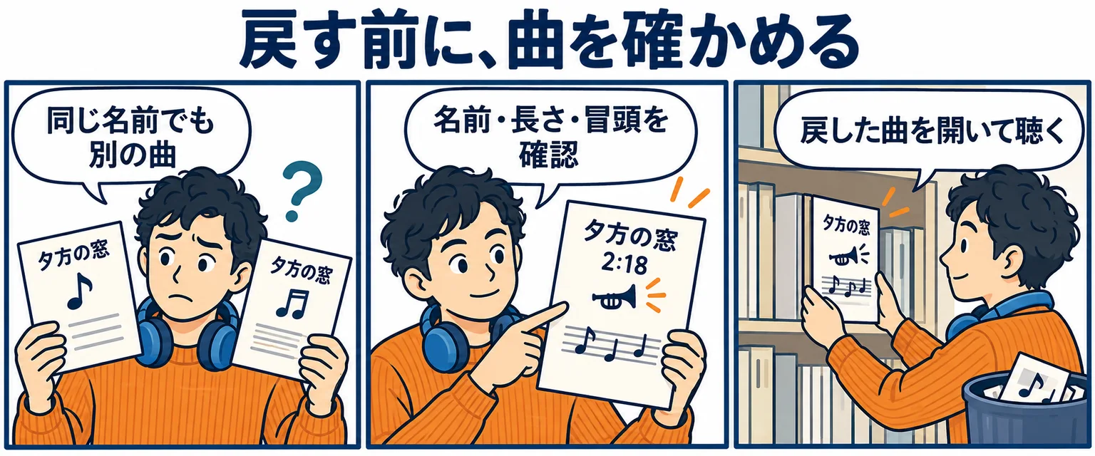 同じタイトルでも曲の長さと冒頭を照合し、戻した曲を聴く架空の漫画