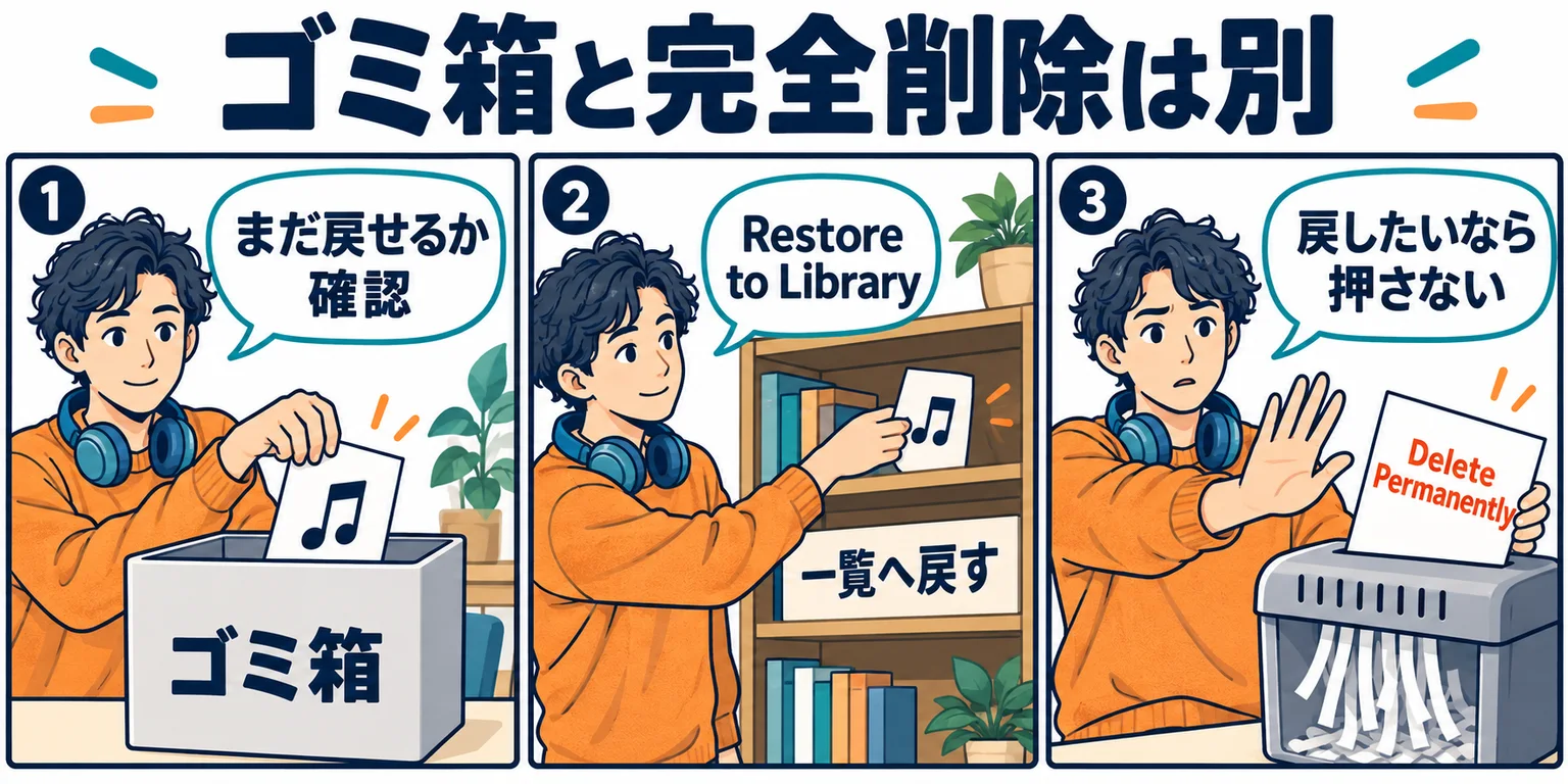 一時保管のゴミ箱から棚へ戻す操作と、取り消せない完全削除を分ける架空の漫画