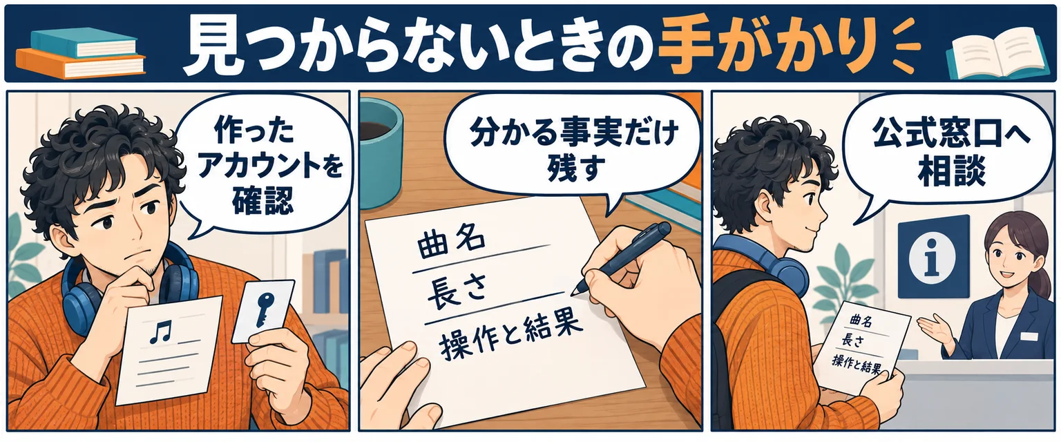 作成したアカウントと曲名・長さ・操作結果を整理して公式へ相談する架空の漫画