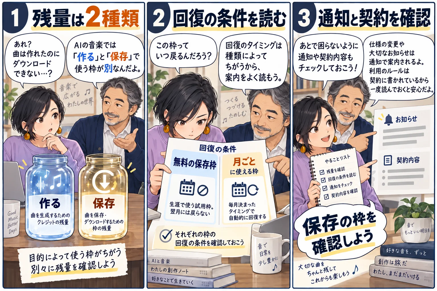 生成と保存の残量を分け、無料の生涯枠と有料の月ごとの枠を確認する説明用漫画