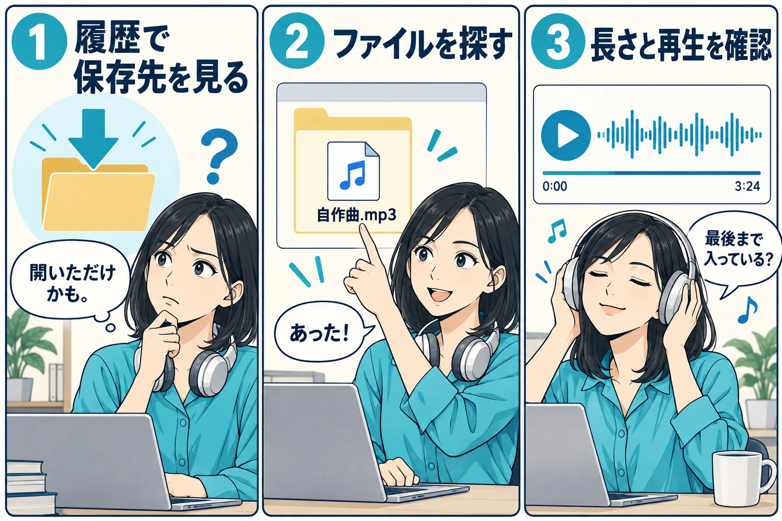 保存履歴からファイルを探し、長さと最後までの再生を確認する説明用漫画。実際のソフト画面ではない