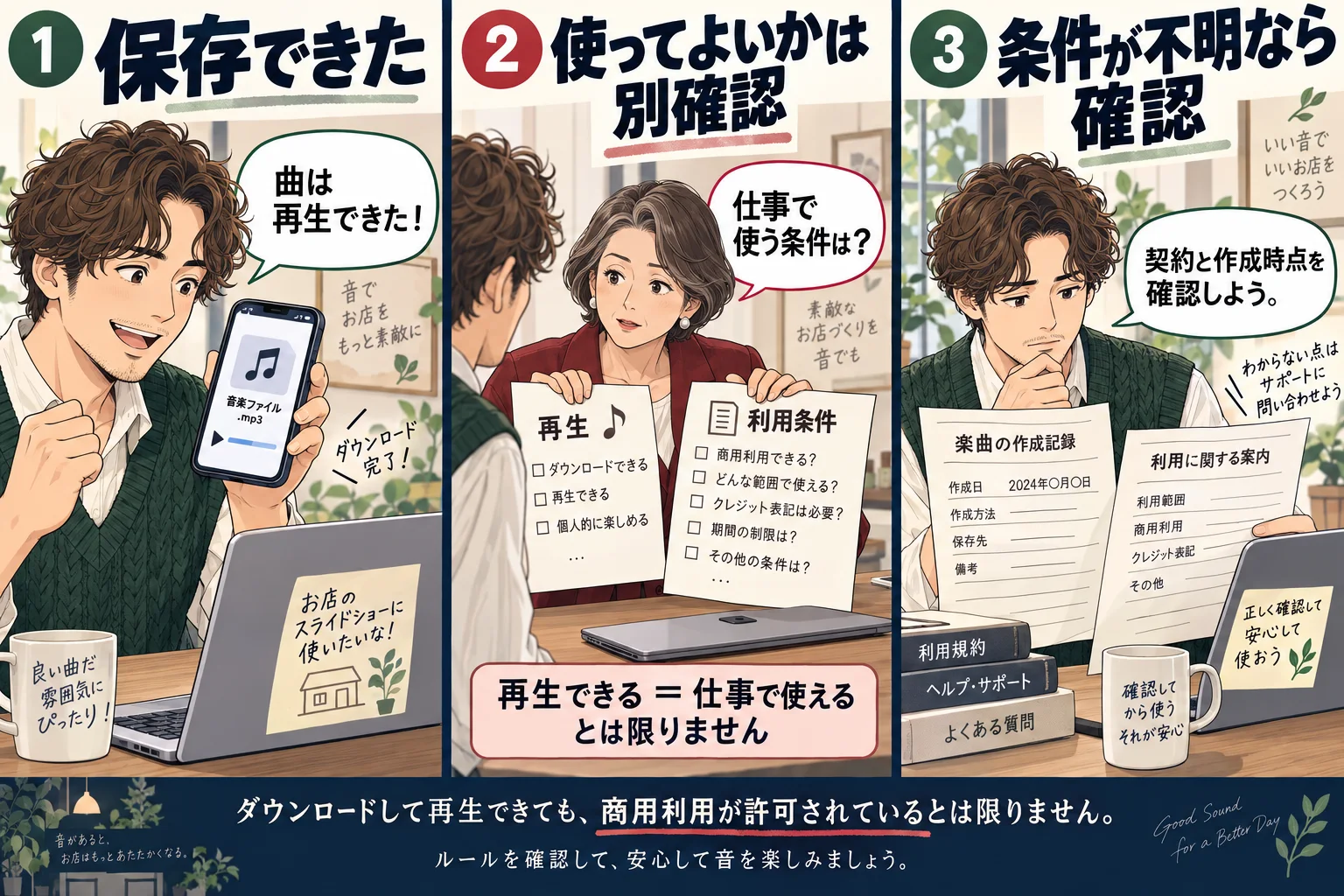 保存・再生と仕事での利用許諾を分け、作成時点と契約条件を確認する説明用漫画