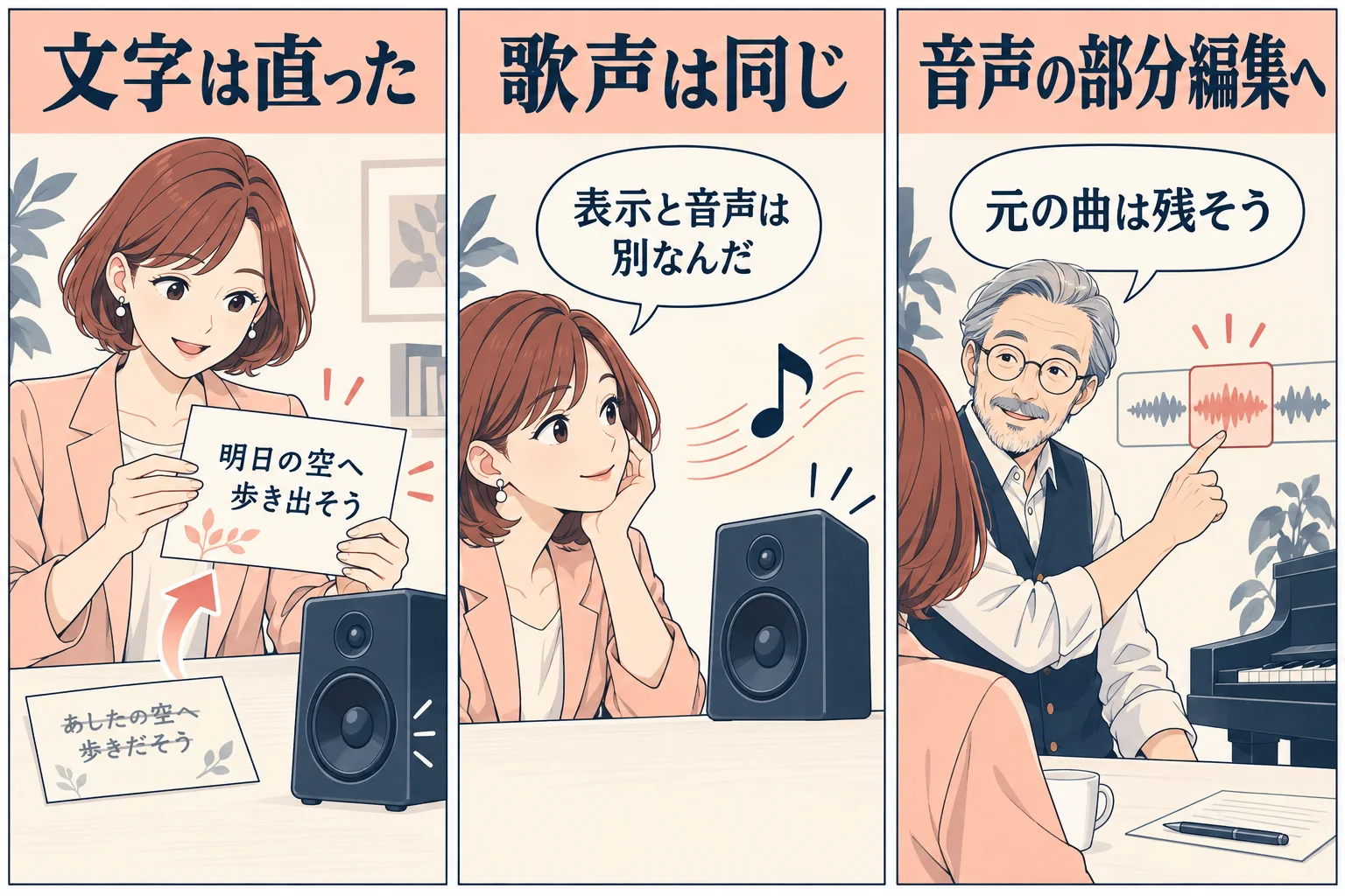 表示する歌詞と再生される声を分け、元の曲を残して部分編集へ進む架空の漫画