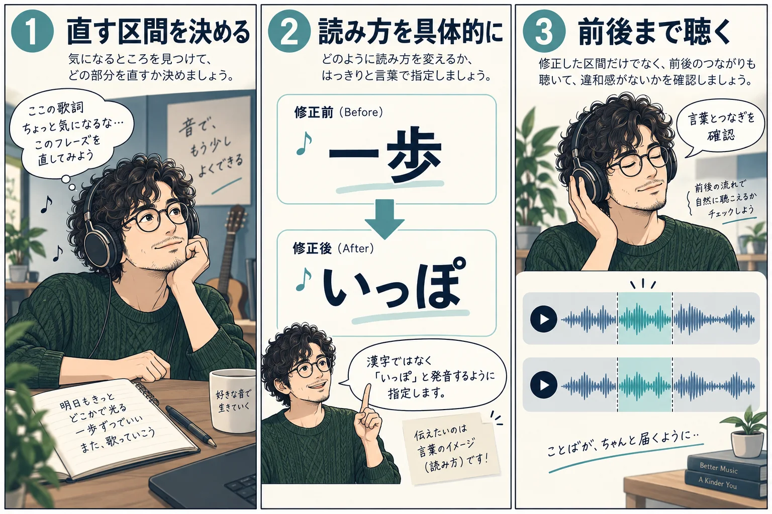 区間を決め、一歩をいっぽと具体化し、修正した言葉と前後を聴く架空の漫画