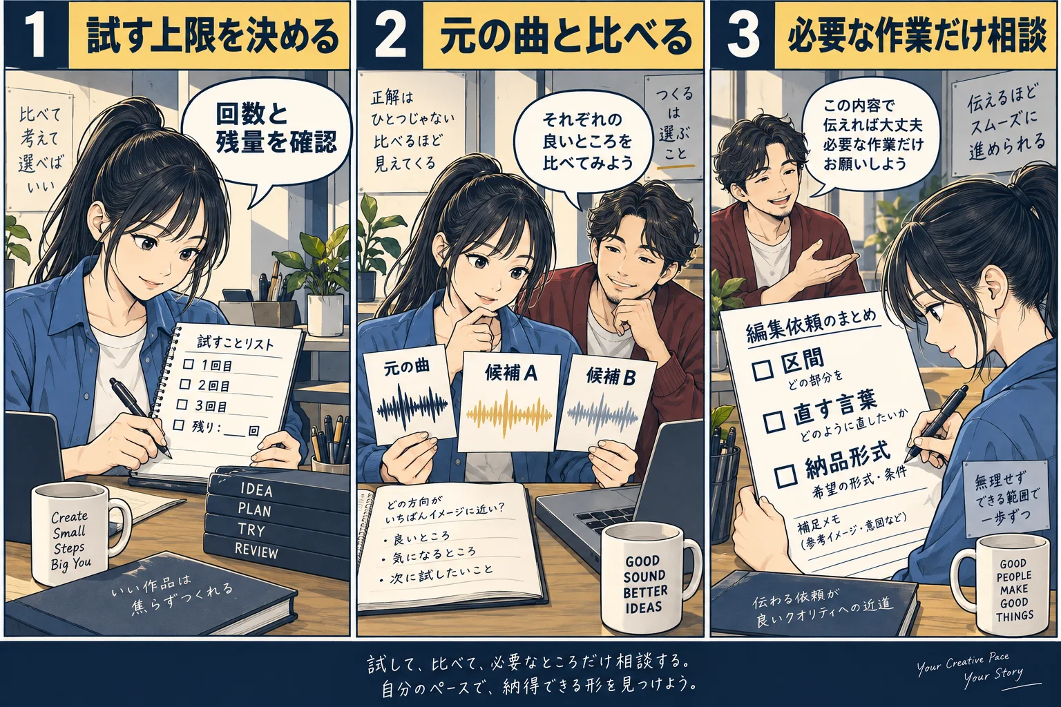再試行の上限を決め、元と候補を比べ、必要な作業だけを相談する架空の漫画