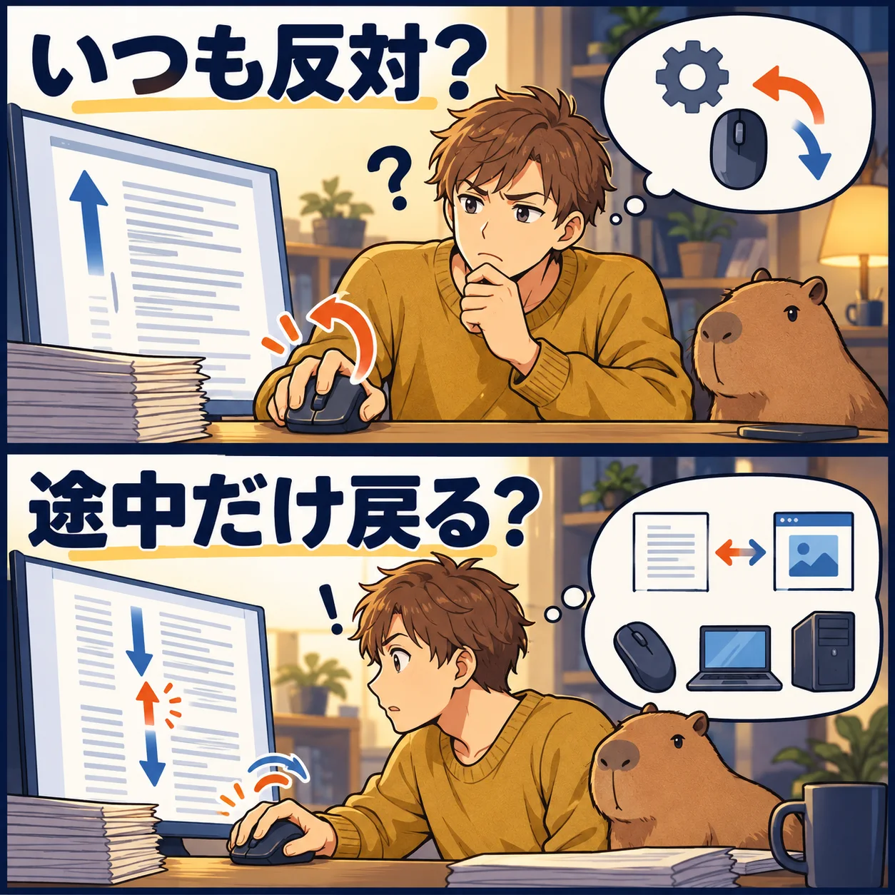 いつも反対?。途中だけ戻る?。 架空の人物によるAI生成の解説漫画。