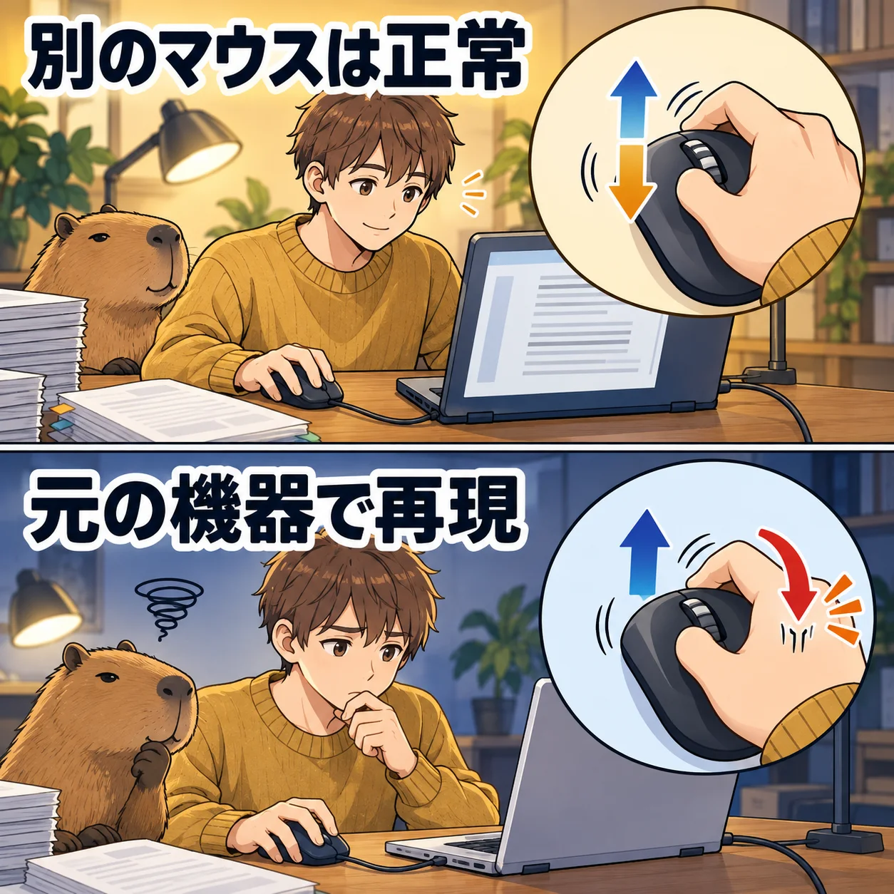 別のマウスは正常。元の機器で再現。 架空の人物によるAI生成の解説漫画。