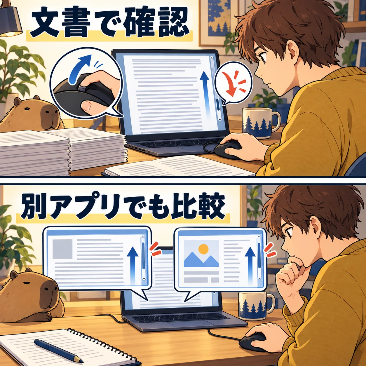 文書で確認。別アプリでも比較。 架空の人物によるAI生成の解説漫画。