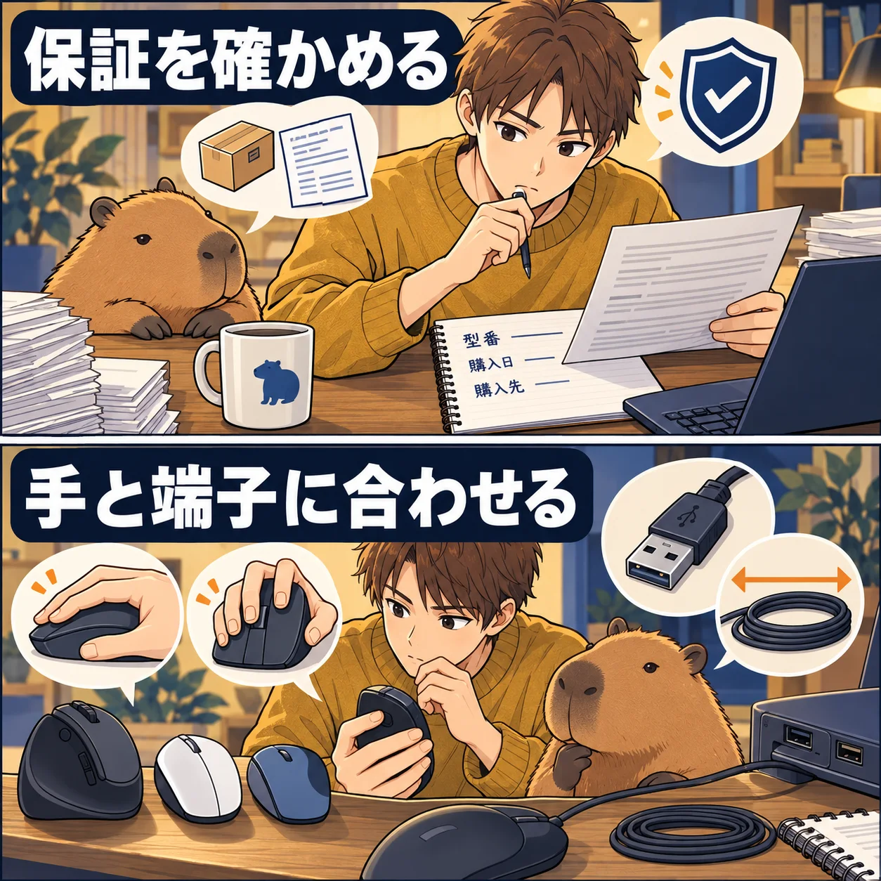 保証を確かめる。手と端子に合わせる。 架空の人物によるAI生成の解説漫画。