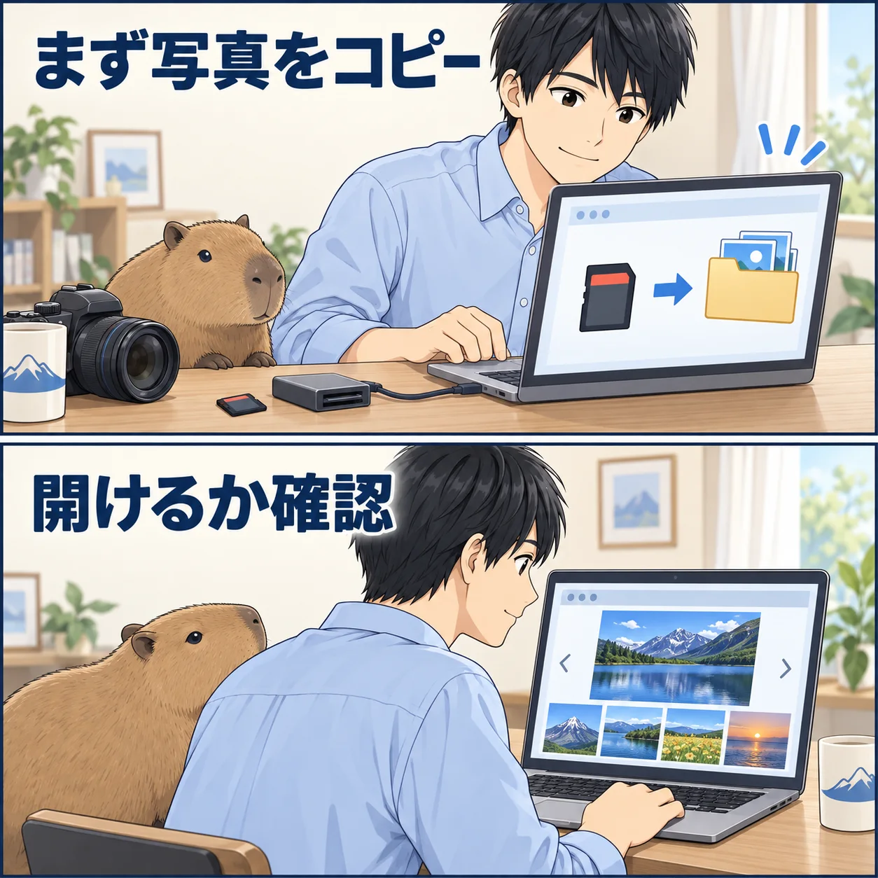 まず写真をコピー。開けるか確認。 架空の人物によるAI生成の解説漫画。