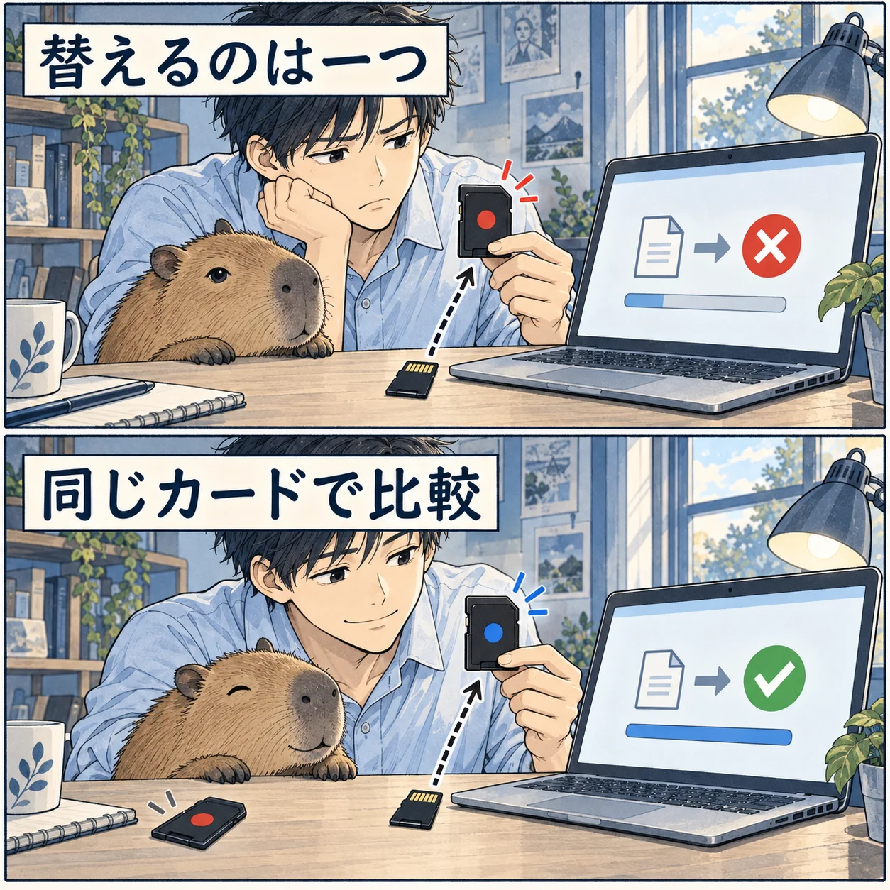 替えるのは一つ。同じカードで比較。 架空の人物によるAI生成の解説漫画。