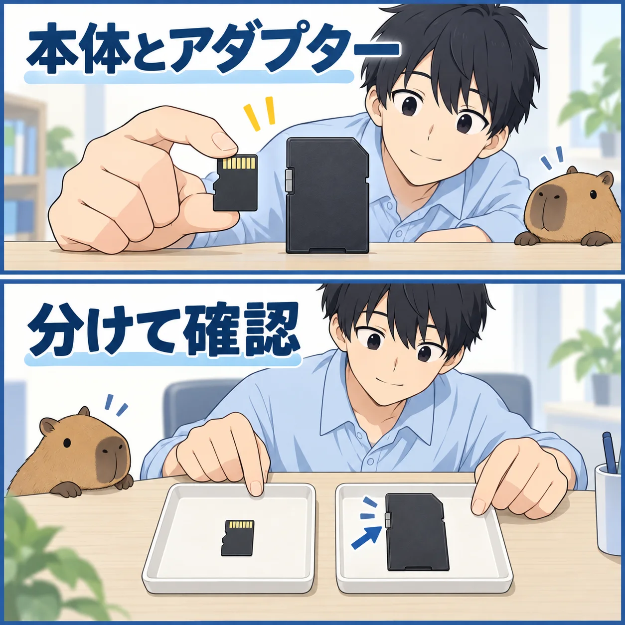 本体とアダプター。分けて確認。 架空の人物によるAI生成の解説漫画。