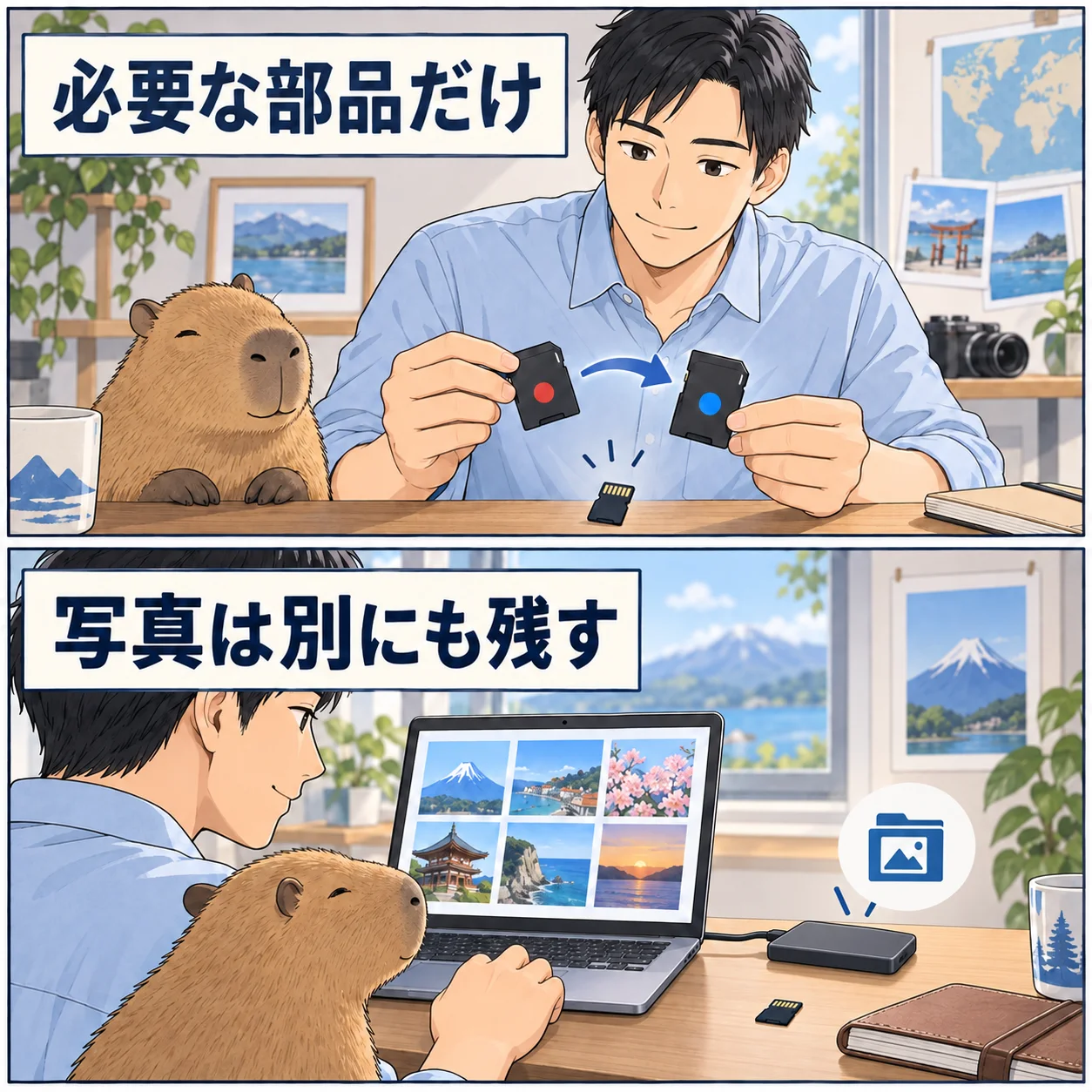 必要な部品だけ。写真は別にも残す。 架空の人物によるAI生成の解説漫画。