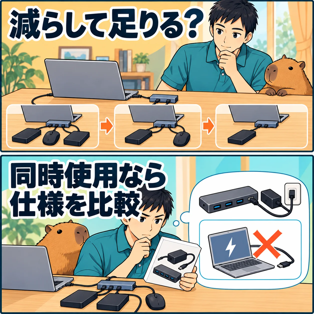 減らして足りる?。同時使用なら仕様を比較。 架空の人物によるAI生成の解説漫画。