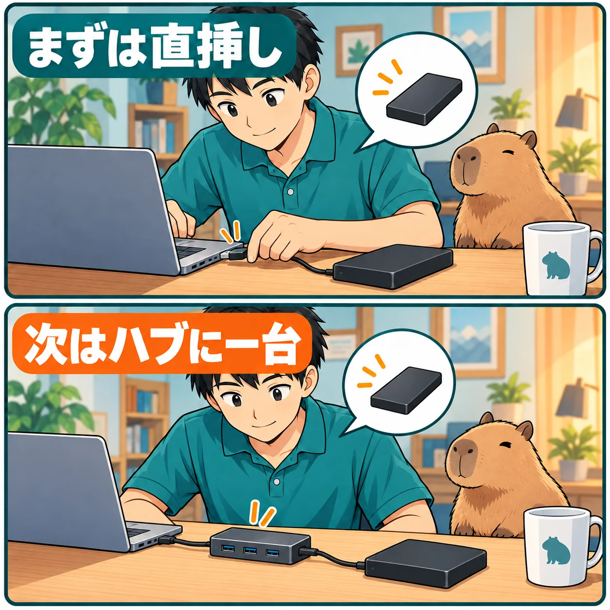 まずは直挿し。次はハブに一台。 架空の人物によるAI生成の解説漫画。