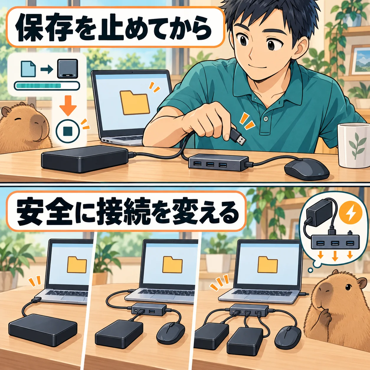保存を止めてから。安全に接続を変える。 架空の人物によるAI生成の解説漫画。
