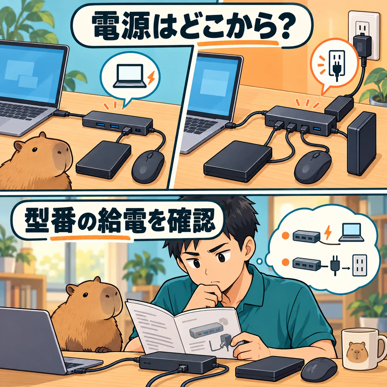 電源はどこから?。型番の給電を確認。 架空の人物によるAI生成の解説漫画。