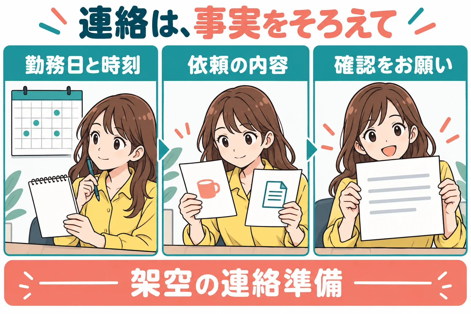 勤務日と依頼内容をそろえて連絡を準備する架空の漫画