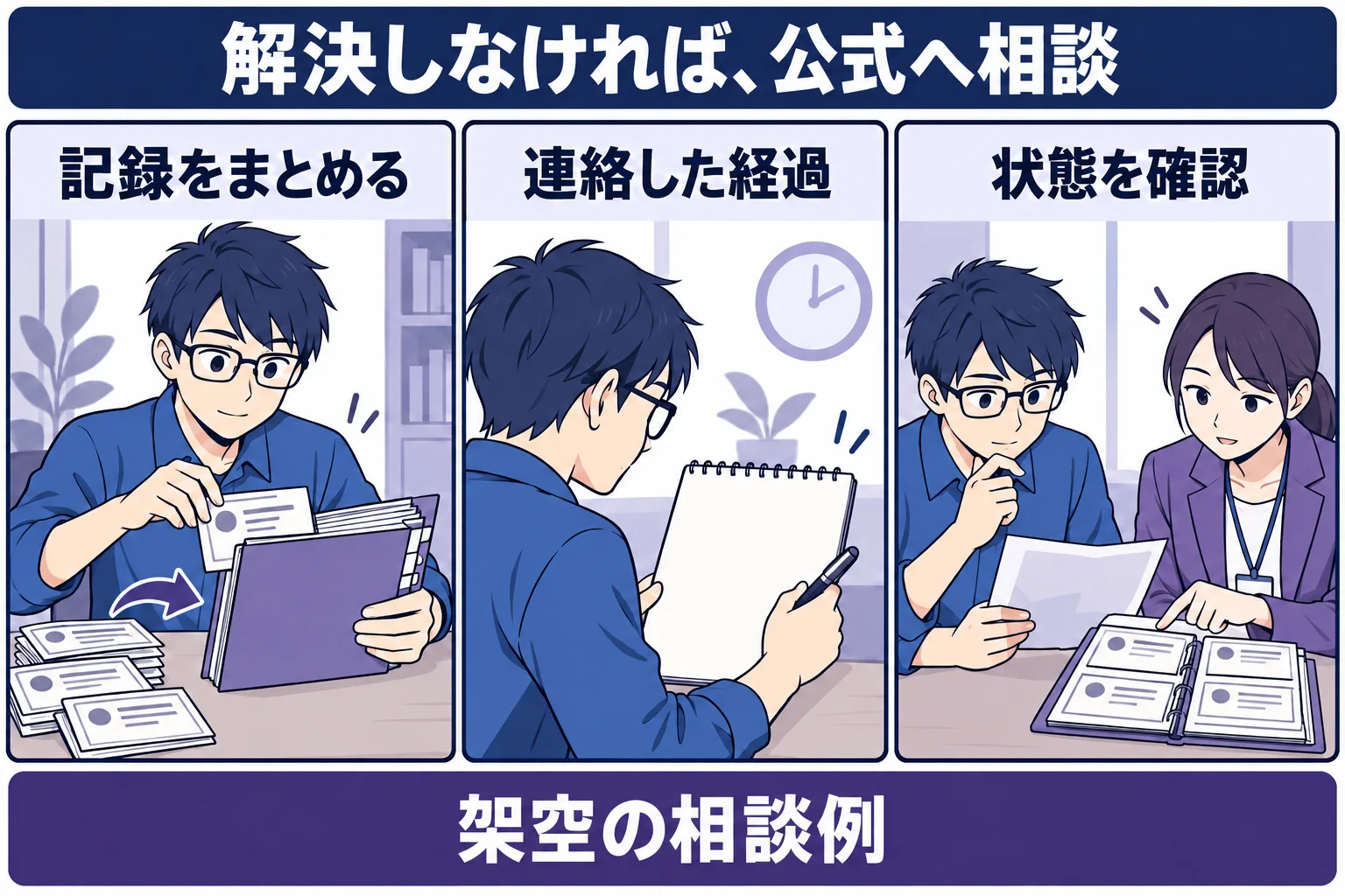 連絡の経過をまとめて公式へ相談する架空の漫画