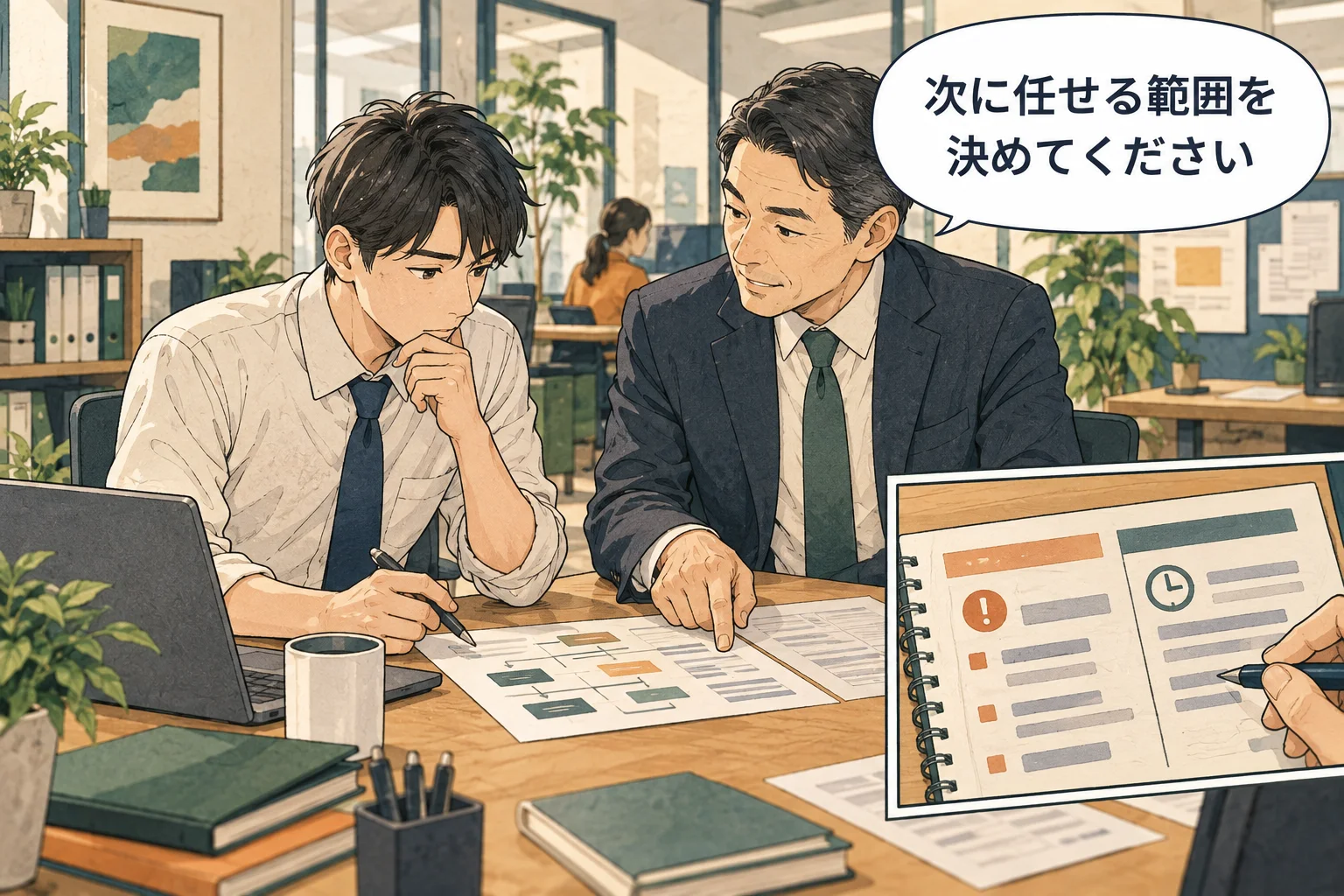 試行を終えたら、次の担当範囲と確認の頻度まで決めます。 架空の人物によるAI生成の解説漫画。