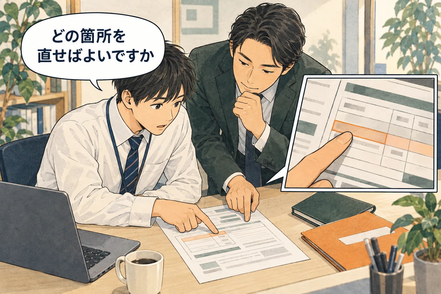 抽象的な評価を、直す対象となる仕事や行動へ分けて聞きます。 架空の人物によるAI生成の解説漫画。