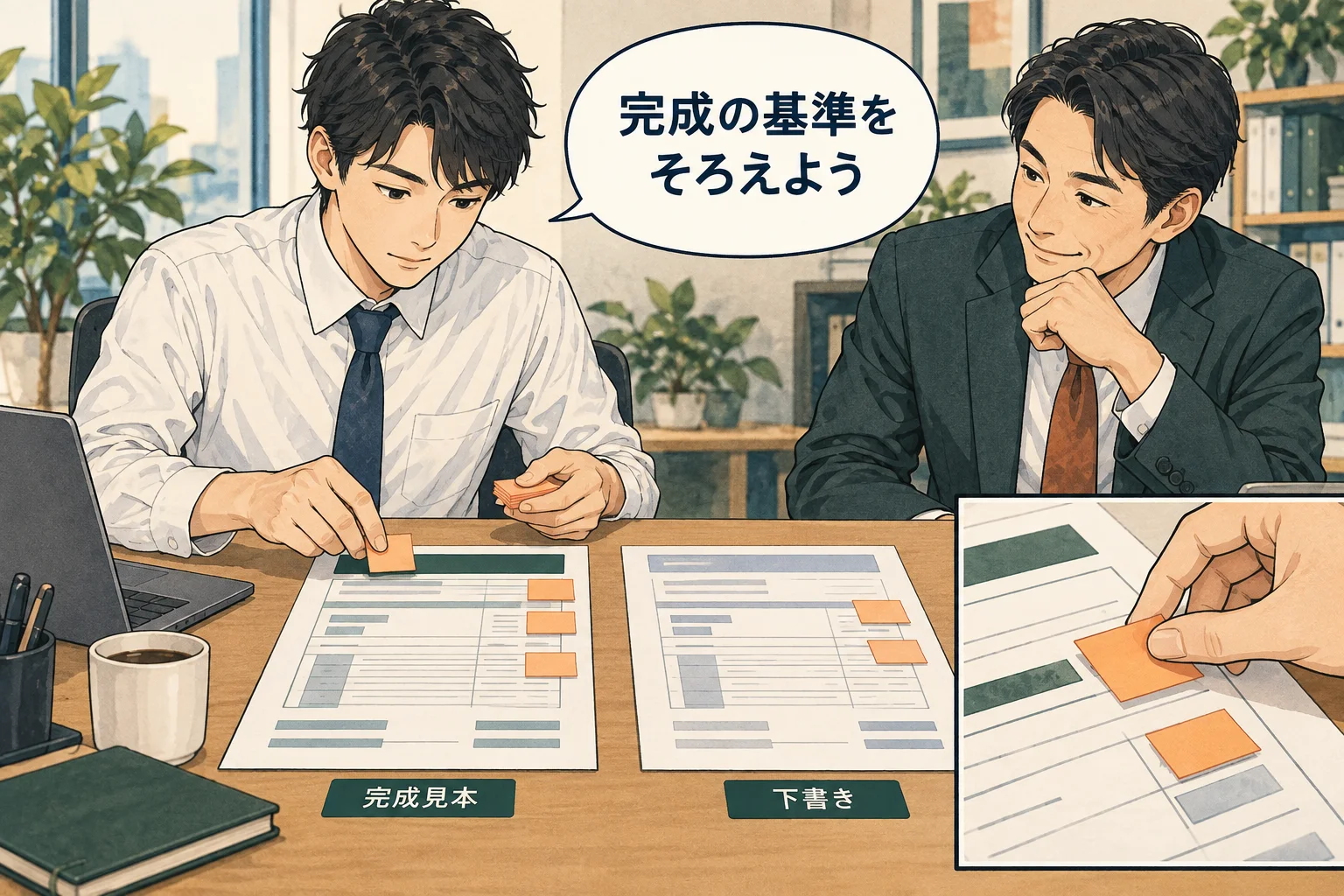 完成例と確認項目を合わせると、本人だけの判断で仕上げる状態を減らせます。 架空の人物によるAI生成の解説漫画。