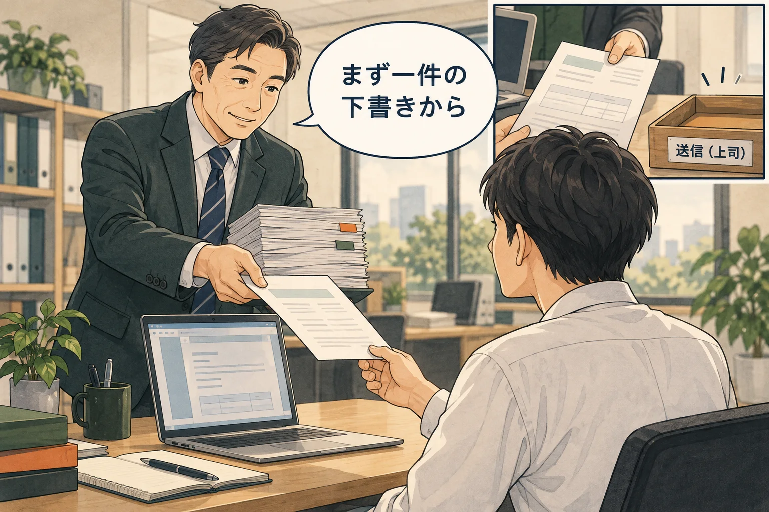 いきなり全部を取り戻そうとせず、範囲と承認者を決めた試行を頼みます。 架空の人物によるAI生成の解説漫画。