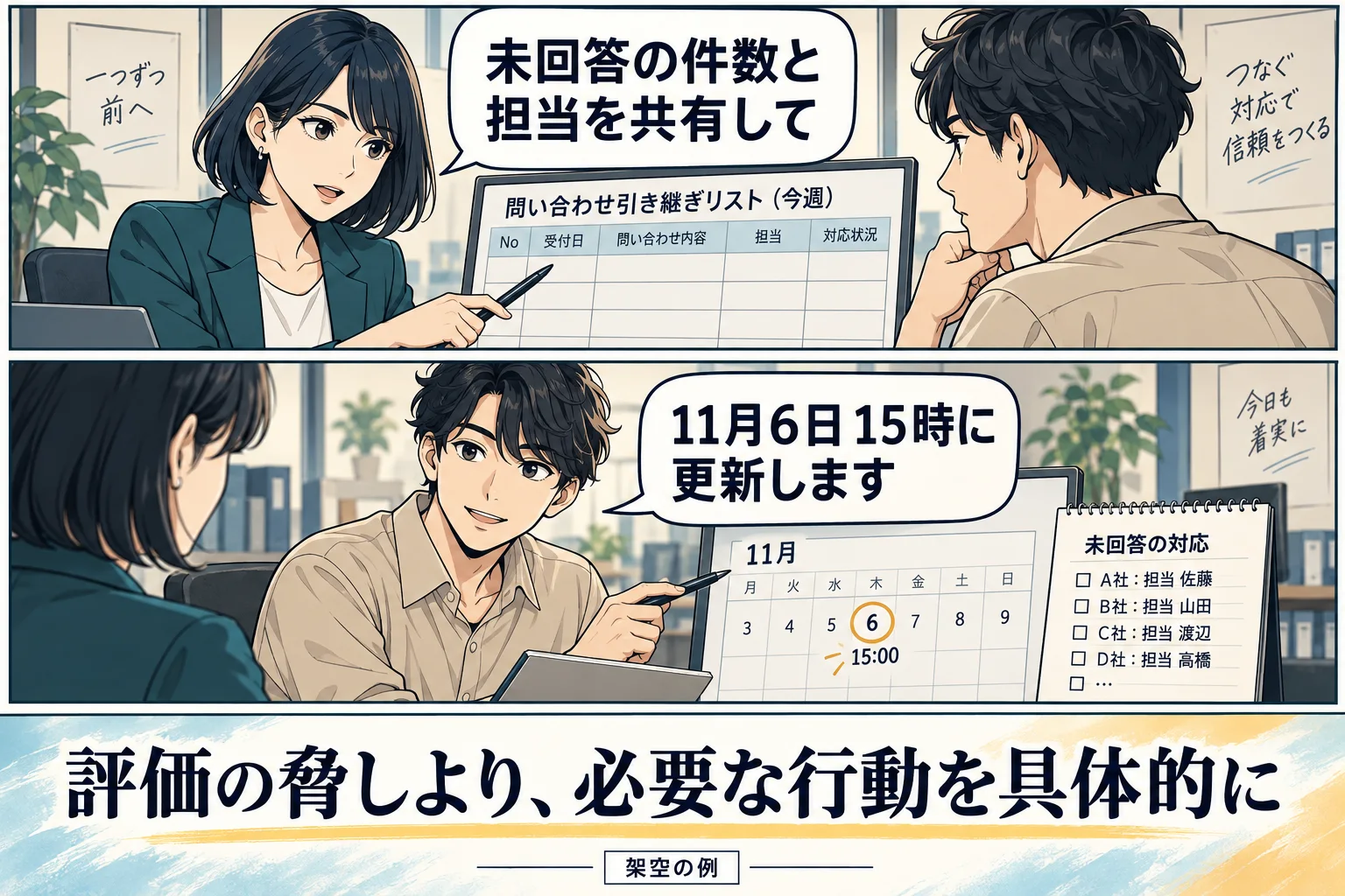 未回答の件数と担当を共有し、実行できる日時を確認する架空の会話