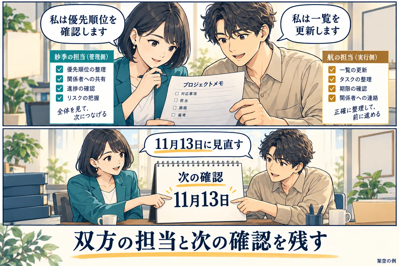 担当者の一覧更新と管理職の優先順位確認を並べ、次の確認日を残す架空例
