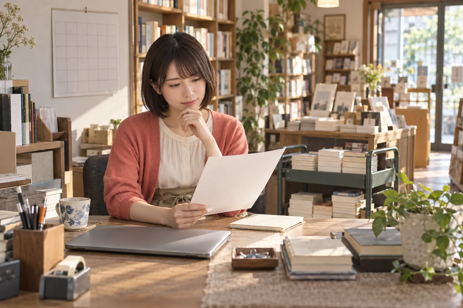書店の連絡メモと次の予定を確認する架空のスタッフ