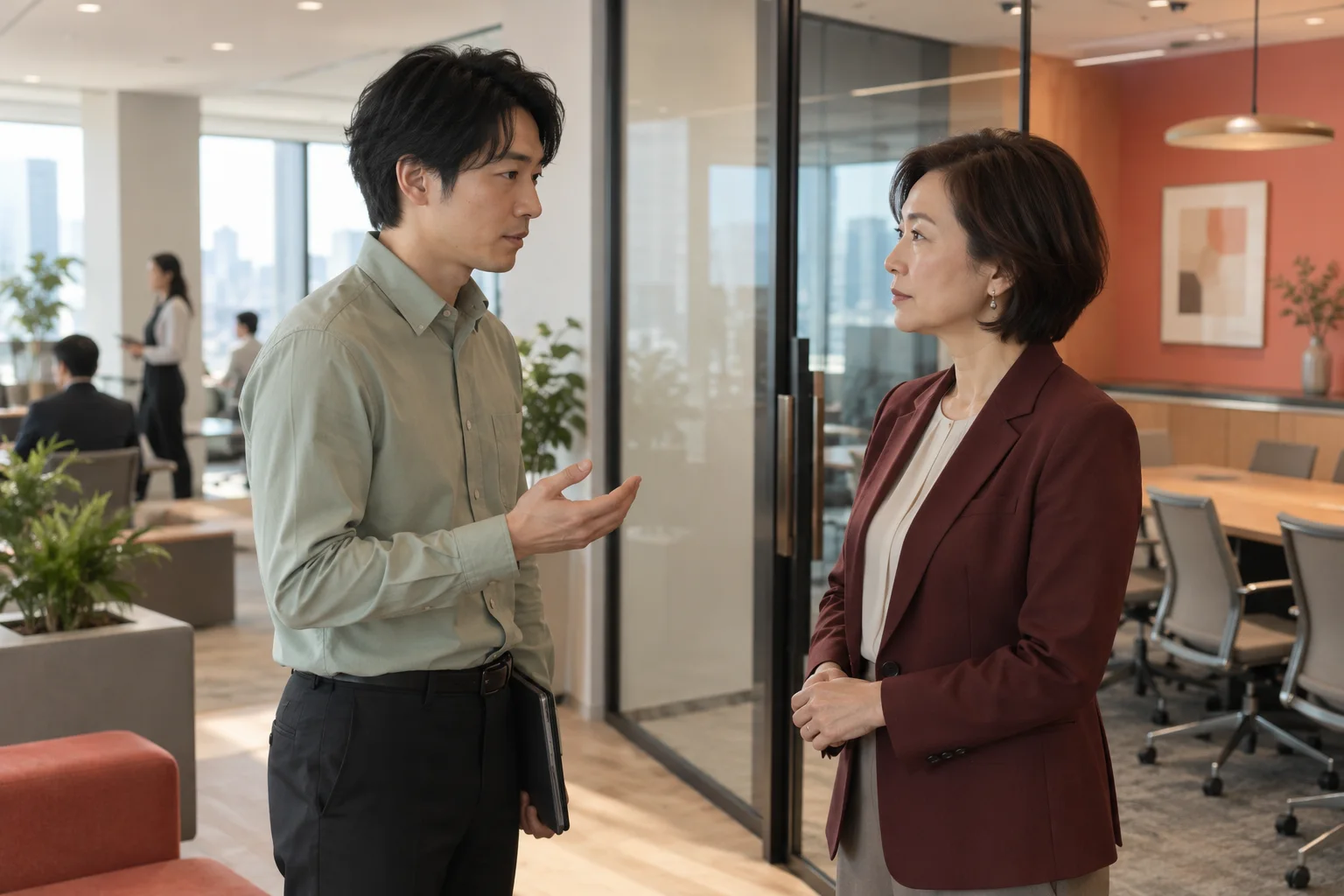 静かな会議室の近くで、上司へ個別の時間を頼む架空の社員