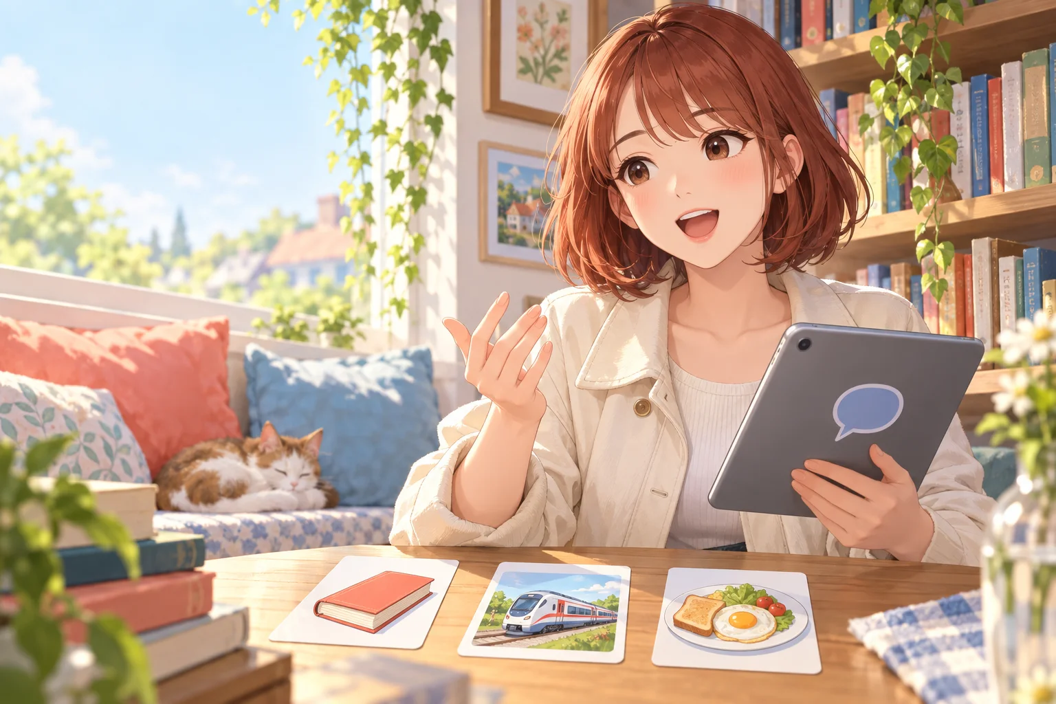 短い英語を声に出して練習する学習者のイラスト
