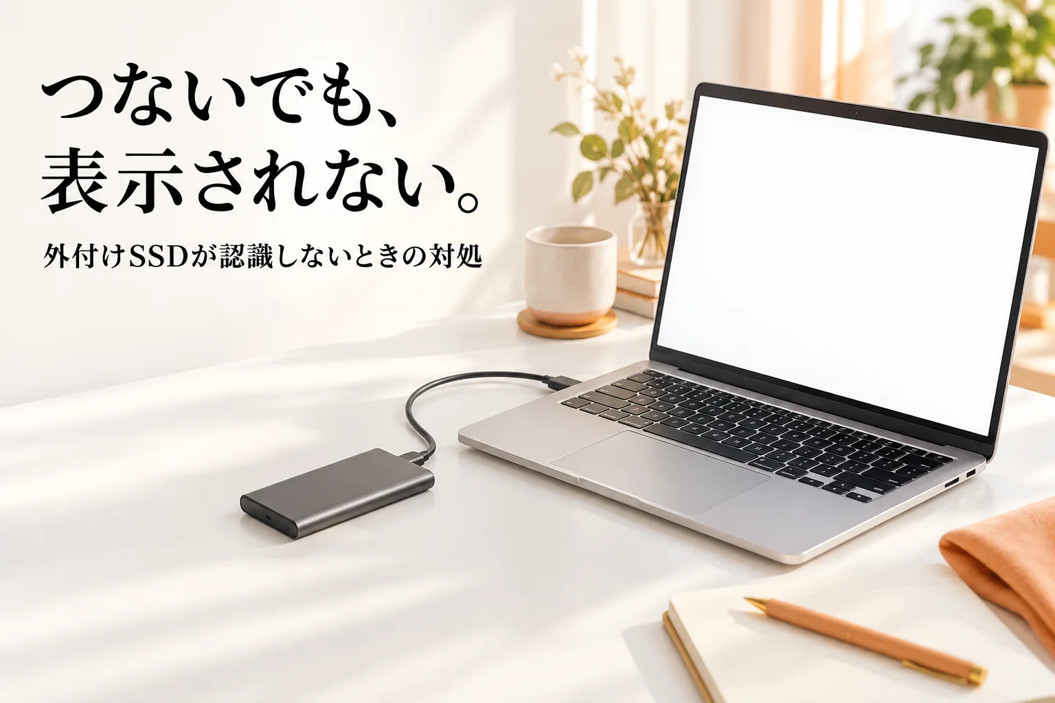 白いデスクに開いたノートパソコンと、ケーブルでつないだ小さな外付けSSD。「つないでも、表示されない。」「外付けSSDが認識しないときの対処」の文字。AI生成のイメージ