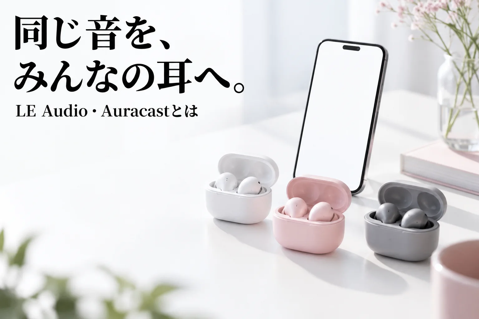白いテーブルに立てたスマートフォンと、ふたを開けた白・ピンク・グレーのワイヤレスイヤホンのケース3つ。「同じ音を、みんなの耳へ。」「LE Audio・Auracastとは」の文字。AI生成のイメージ