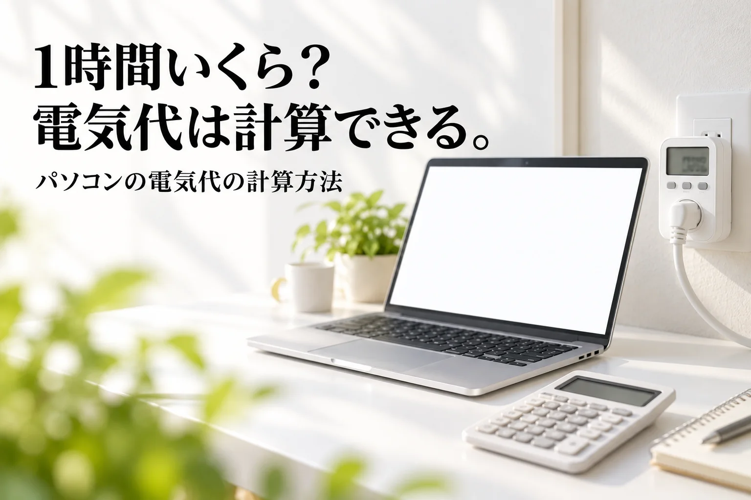 白いデスクに開いたノートパソコンと電卓、壁のコンセントに挿した白い電力計。「1時間いくら?電気代は計算できる。」「パソコンの電気代の計算方法」の文字。AI生成のイメージ