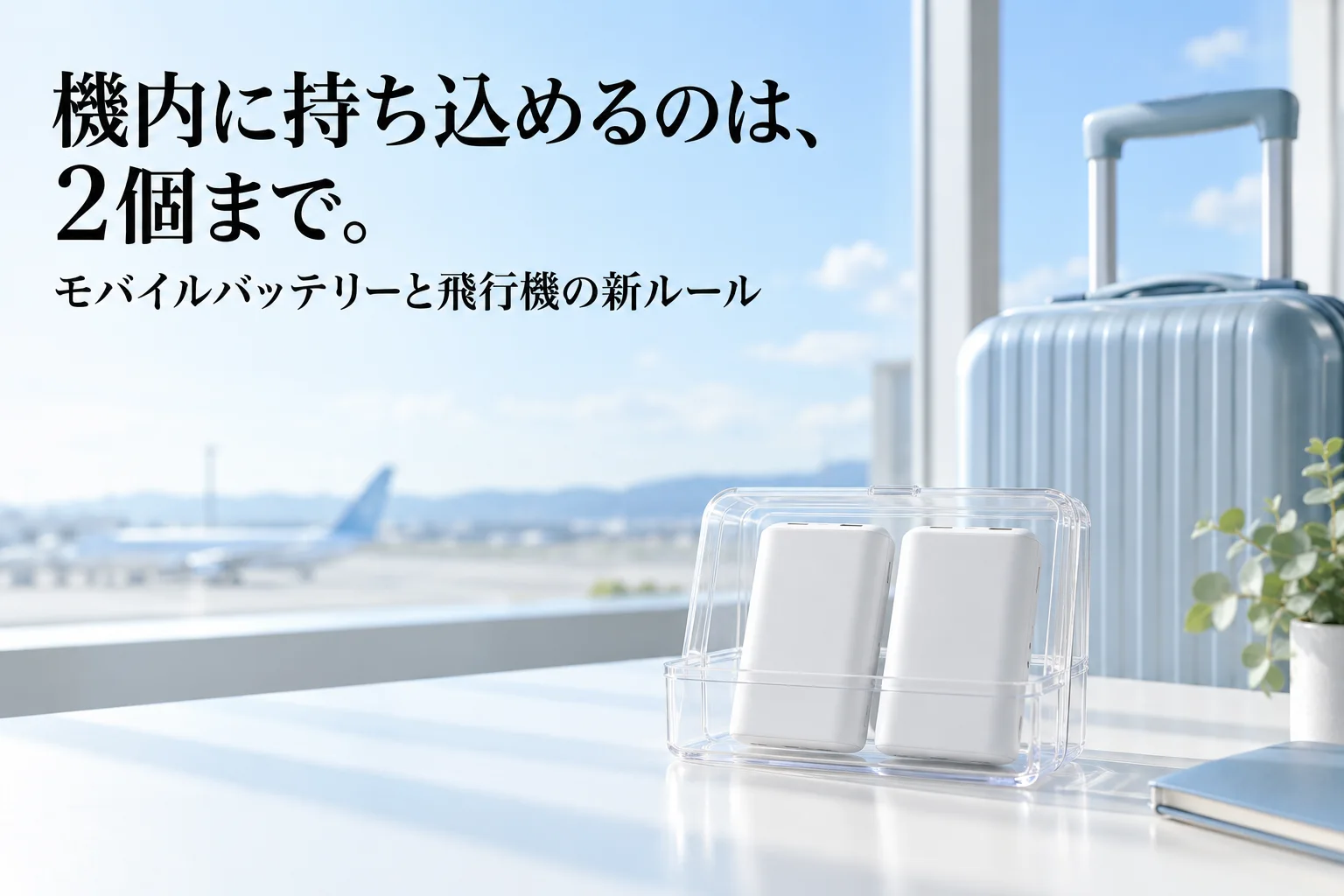 空港の窓辺のテーブルに、透明なケースに入れた白いモバイルバッテリー2個と、奥に水色のキャリーケース。「機内に持ち込めるのは、2個まで。」「モバイルバッテリーと飛行機の新ルール」の文字。AI生成のイメージ