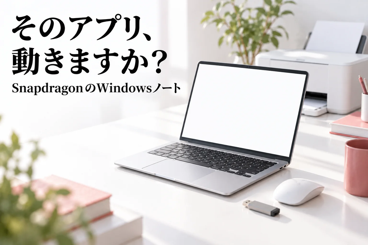 白いデスクに開いた薄型のノートパソコンと、ワイヤレスマウス、USBメモリ、奥に家庭用プリンター。「そのアプリ、動きますか？」「SnapdragonのWindowsノート」の文字。AI生成のイメージ