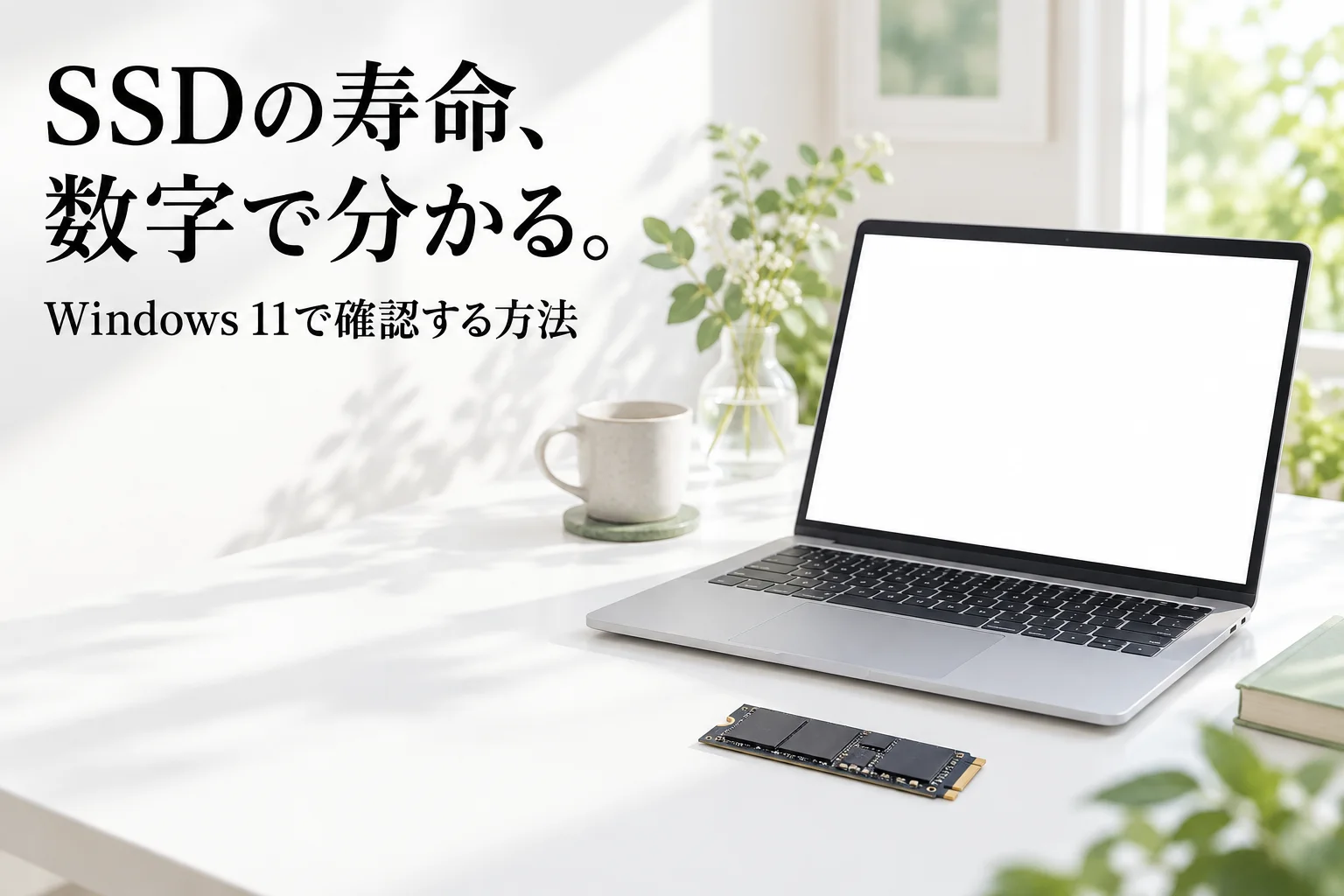 白いデスクに開いたノートパソコンと、手前に置いたラベルのないM.2 SSD。「SSDの寿命、数字で分かる。」「Windows 11で確認する方法」の文字。AI生成のイメージ