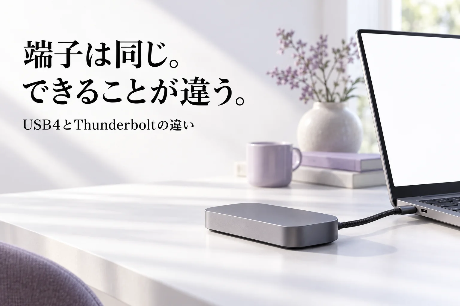 白いデスクで、ノートパソコンの側面のUSB-C端子に編み込みのケーブルを挿し、手前の小さなドッキングステーションにつないだ様子。「端子は同じ。できることが違う。」「USB4とThunderboltの違い」の文字。AI生成のイメージ