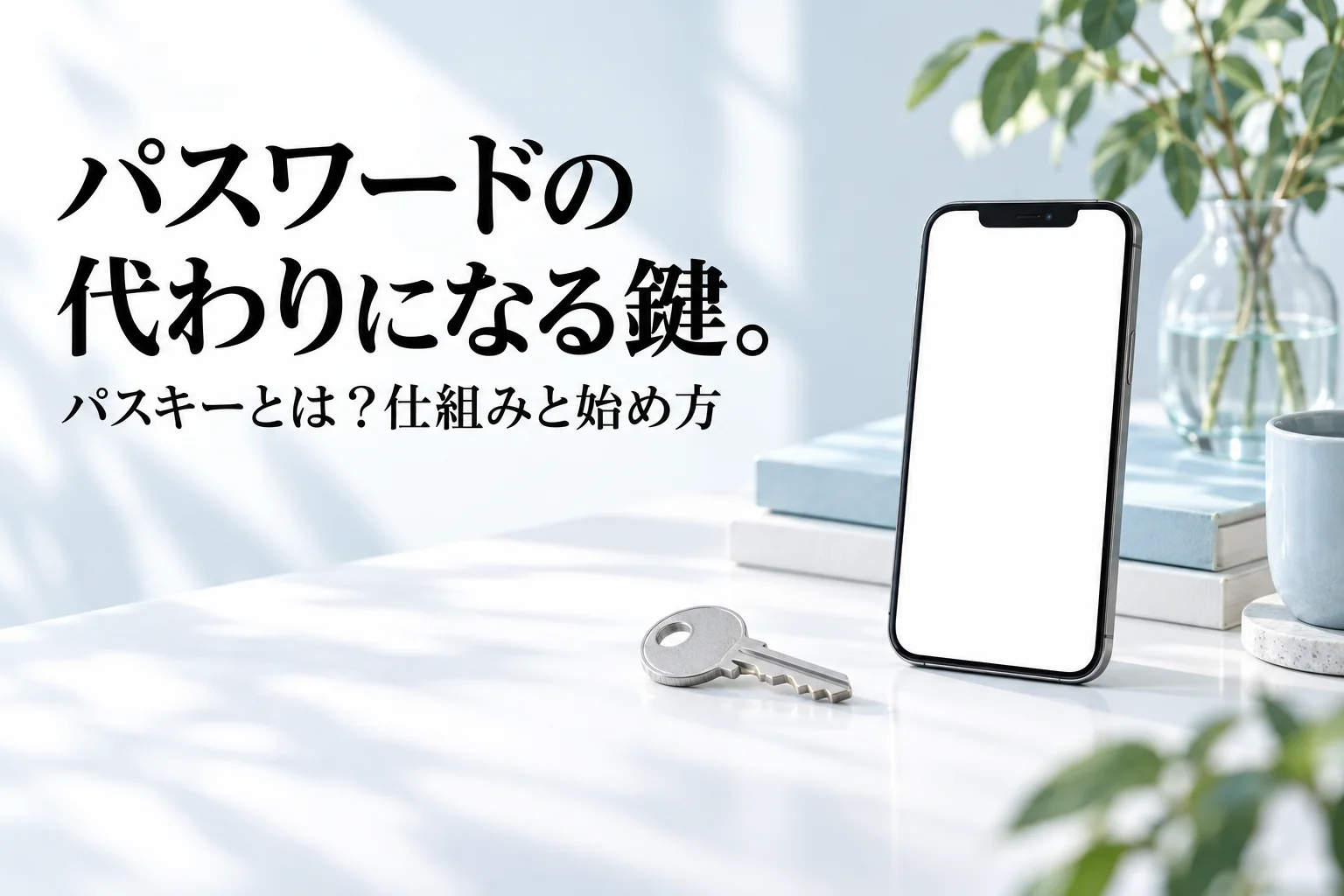 白いデスクに立てた画面の白いスマートフォンと、手前に置いた銀色の鍵。「パスワードの代わりになる鍵。」「パスキーとは?仕組みと始め方」の文字。AI生成のイメージ
