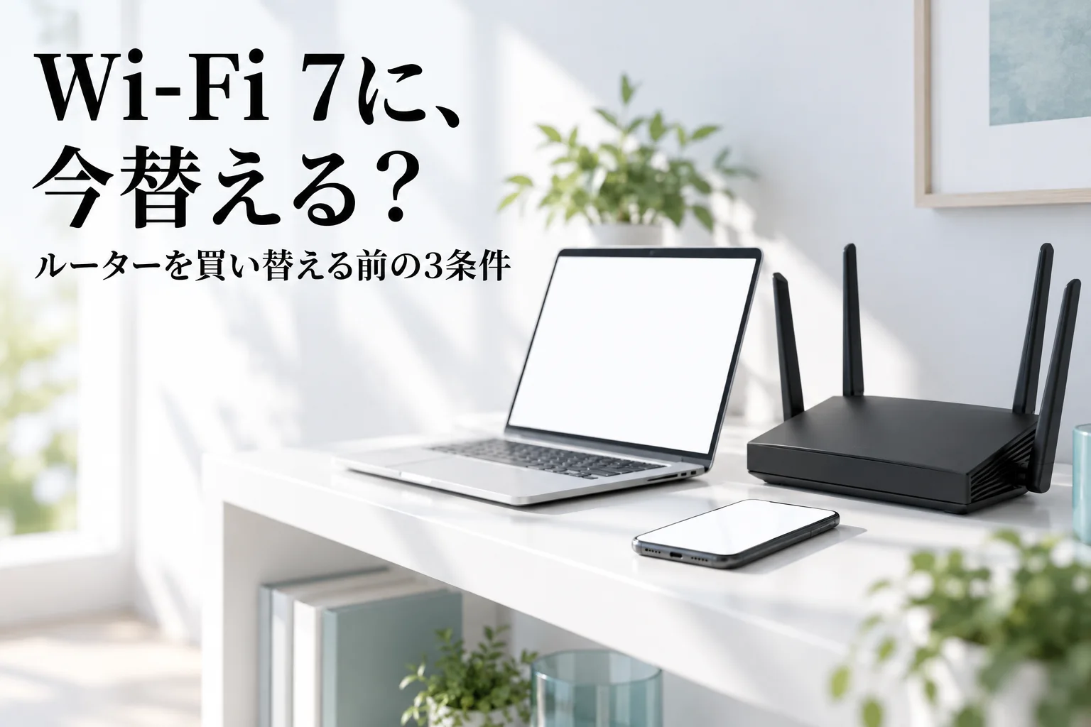 白い棚に置いたアンテナ付きの黒いWi-Fiルーターと、開いたノートパソコン、スマートフォン。「Wi-Fi 7に、今替える？」「ルーターを買い替える前の3条件」の文字。AI生成のイメージ