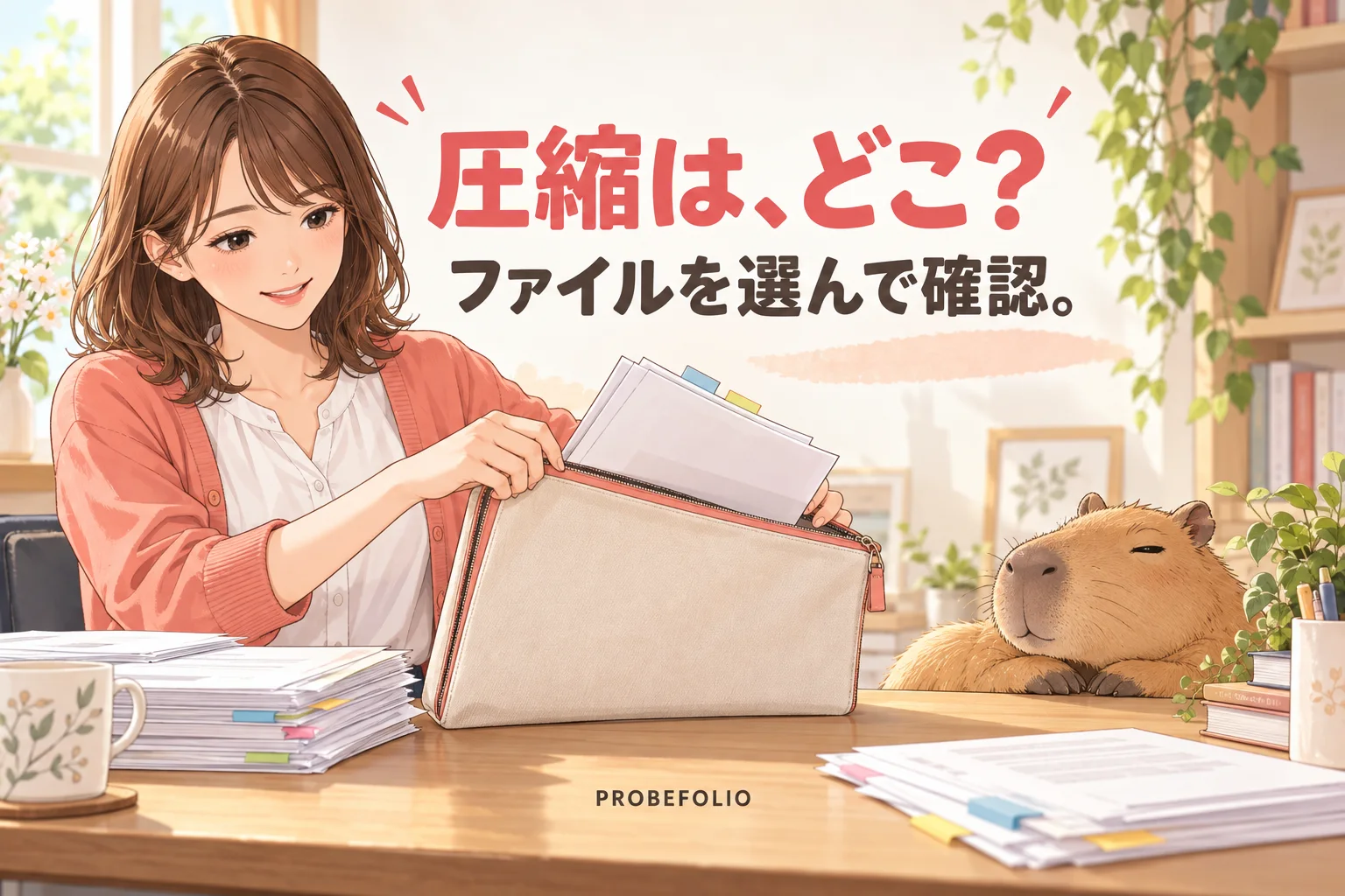 圧縮は、どこ？ ファイルを選んで確認。