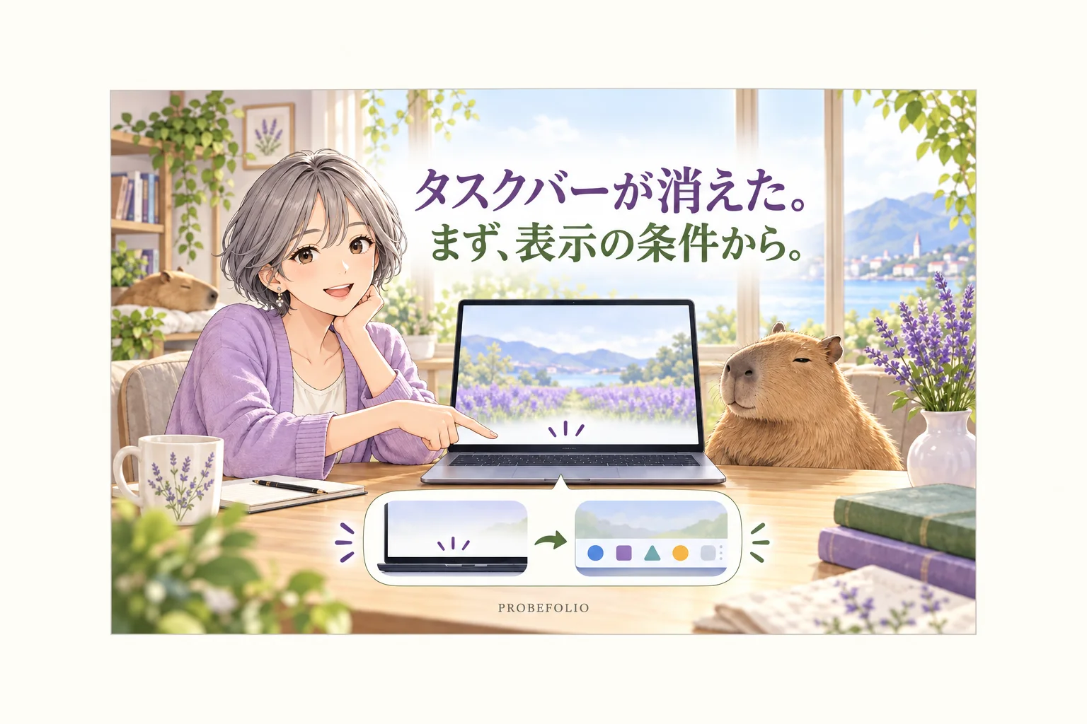 タスクバーが消えた。 まず、表示の条件から。