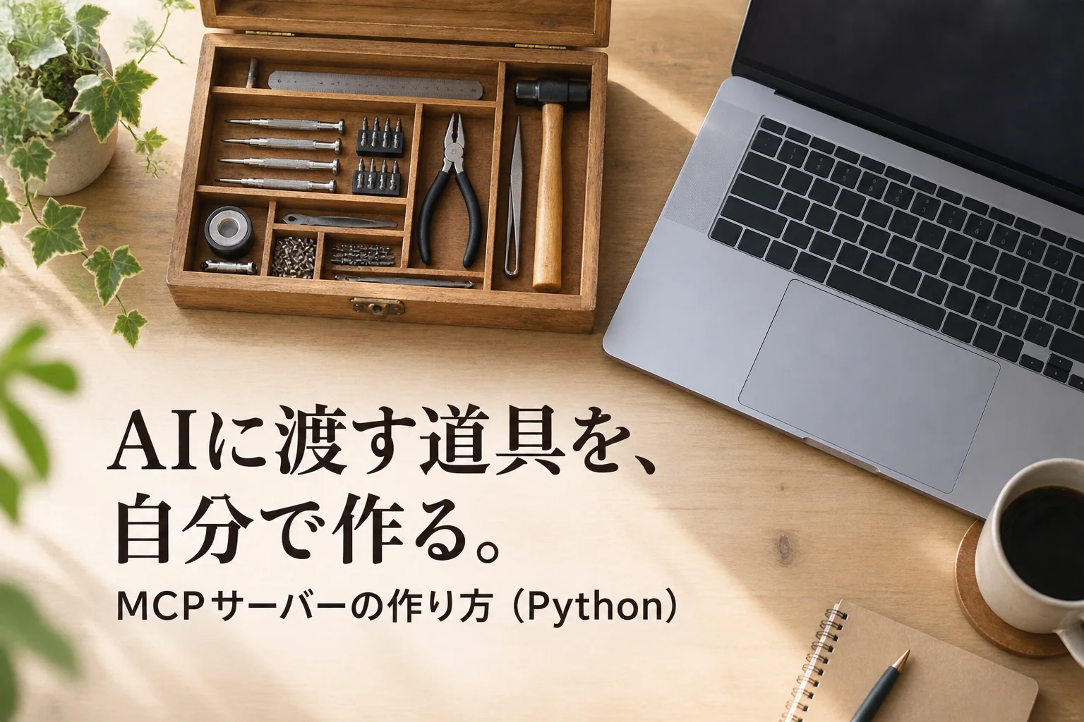 小さな工具を並べた木箱と、ノートPC。見出し「AIに渡す道具を、 自分で作る。」、小見出し「MCPサーバーの作り方（Python）」を重ねた生成画像。