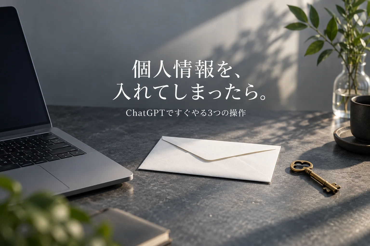 ノートPCの横に置いた、封をした白い封筒と鍵。見出し「個人情報を、 入れてしまったら。」、小見出し「ChatGPTですぐやる3つの操作」を重ねた生成画像。